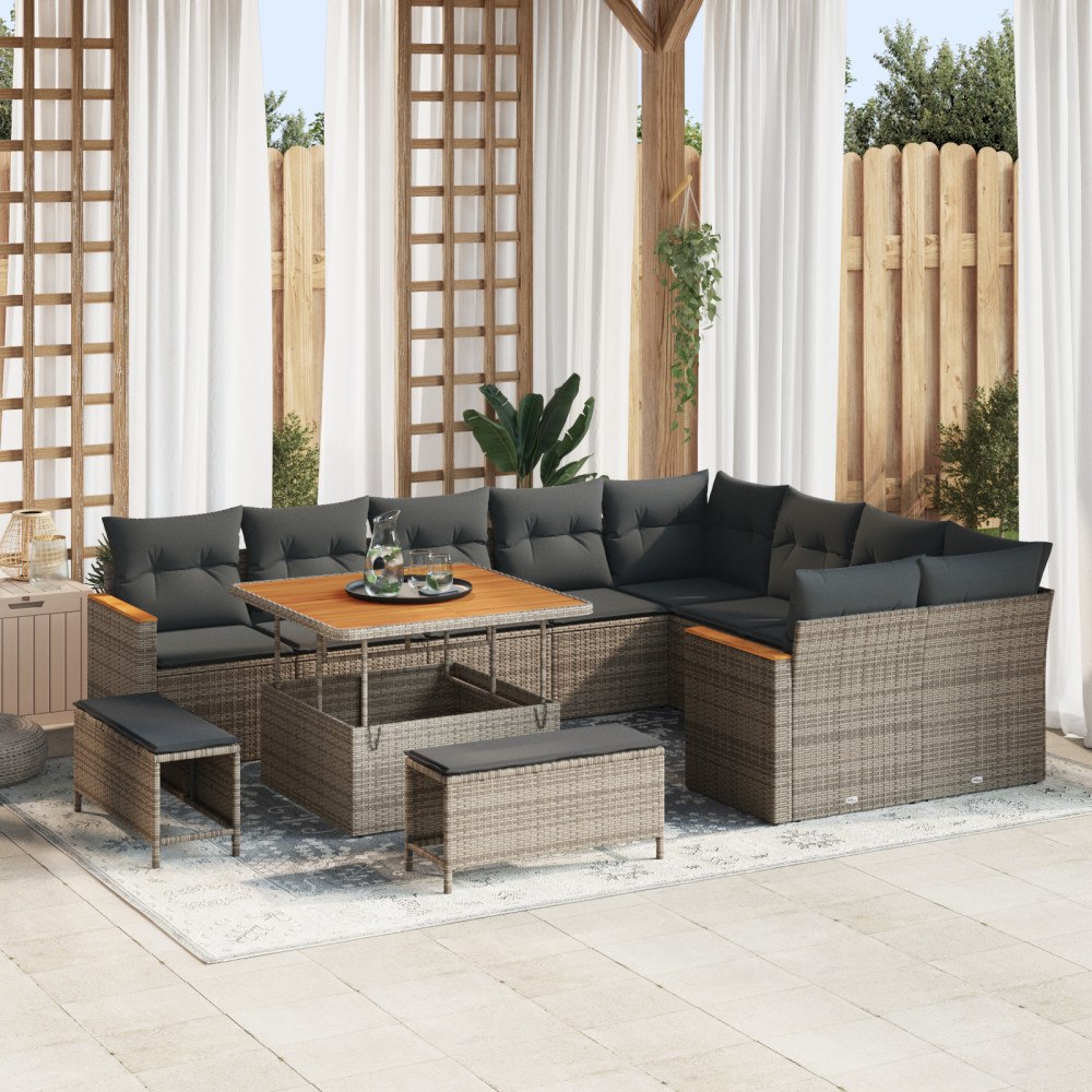 vidaXL Trädgårdsoffset med kudde 12 pcs Grå Poly rattan
