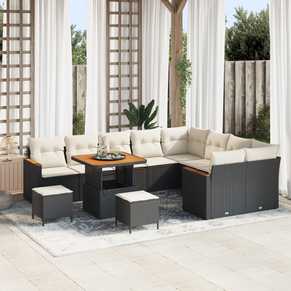 vidaXL 12-delars trädgårdsoff-set med kuddar svart poly rattan akacia, vidaXL 3-delars trädgårds matbord-set med kuddar svart p...