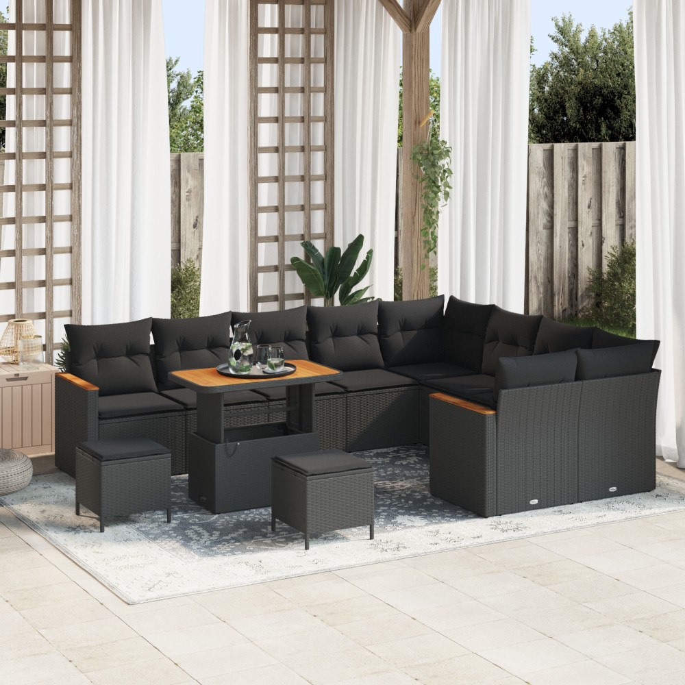 vidaXL Trädgårdsoffset med kudde 12 pcs Svart Poly rattan