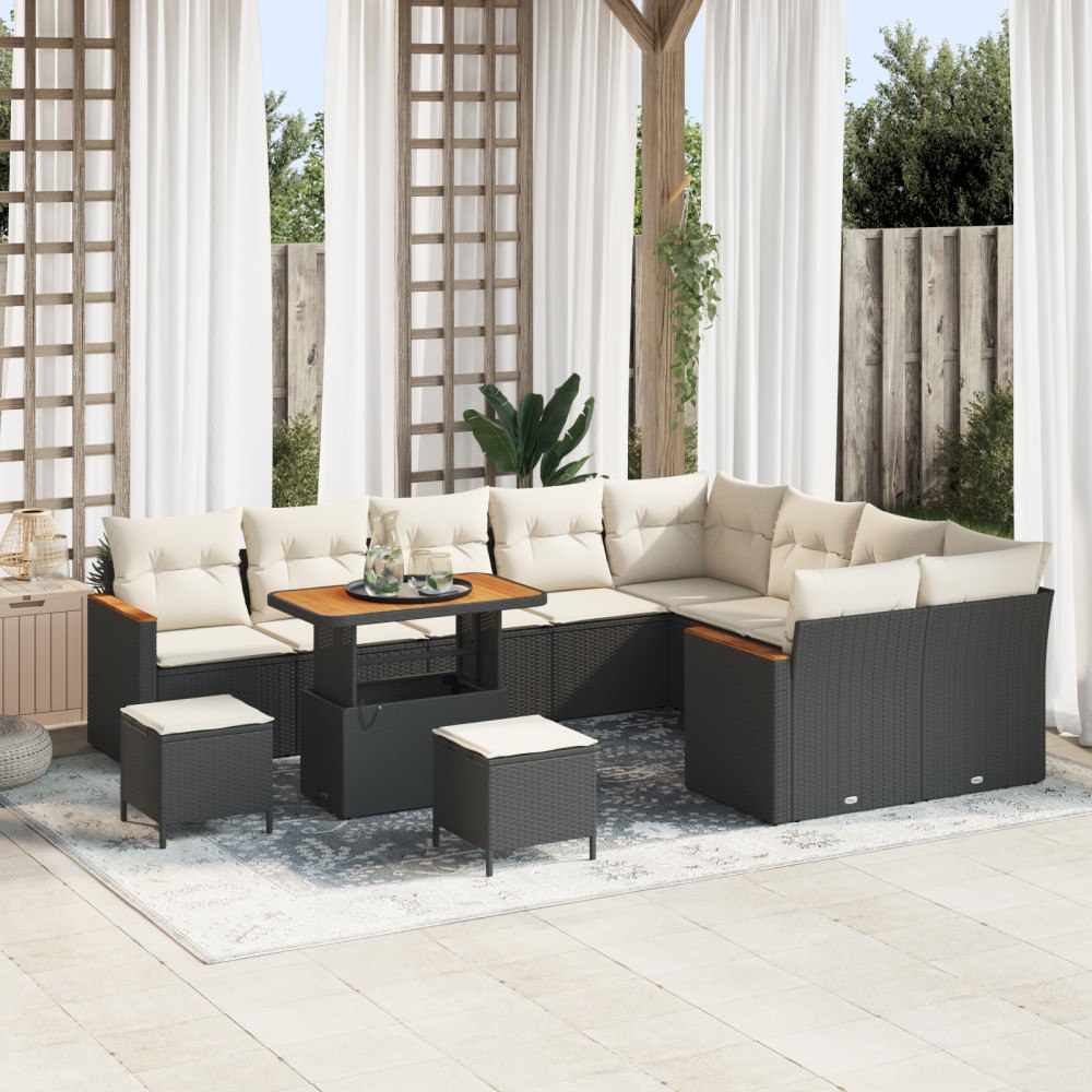 vidaXL 12-delad trädgårdsoffagrupp med svarta poly rattan akacia, vidaXL 3-delad trädgårdssoffagrupp med svarta poly rattan aka...