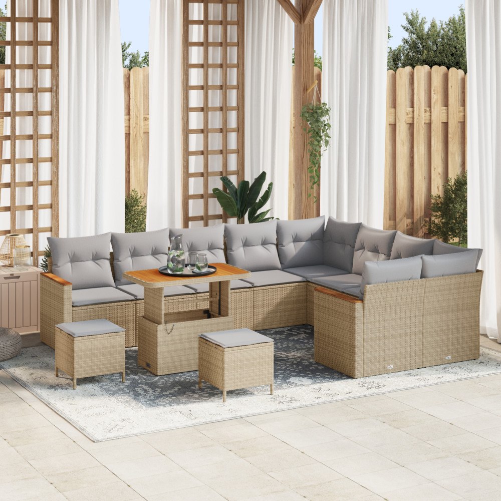 vidaXL Trädgårdsoffset med kudde 12 pcs Beige Poly rattan