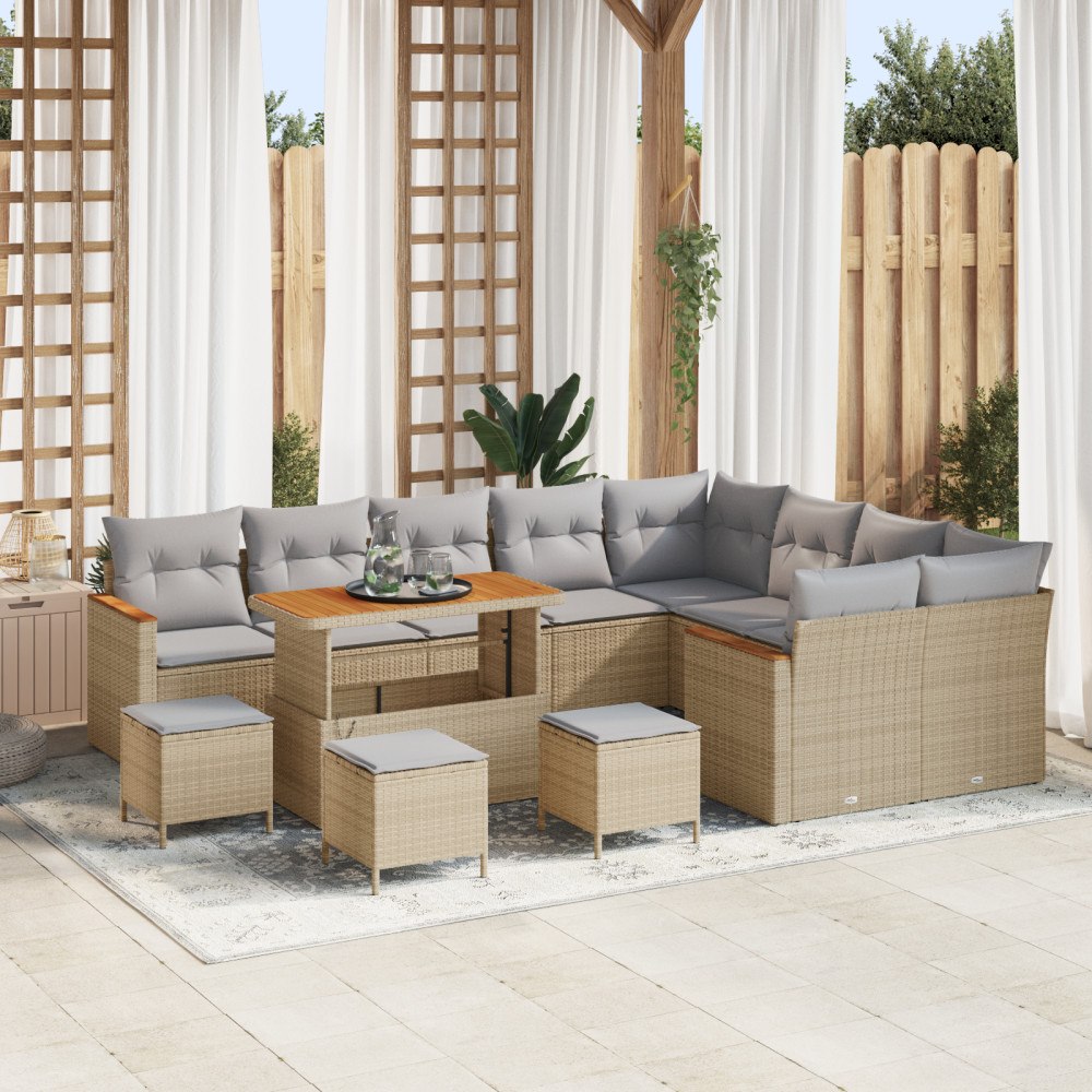 vidaXL 13-delars trädgårdssoffset med kuddar Beige Poly Rottning Akacia, vidaXL 4-delars trädgårdsloveseat med kuddar Beige Pol...
