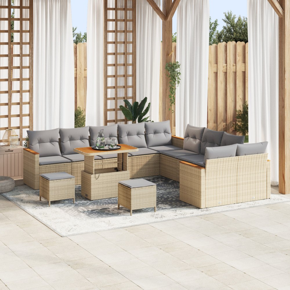 vidaXL 13-delars trädgårdsoffset med kuddar Beige Poly Rattan Akacia, vidaXL 3-delars trädgårdsmatsals set med kuddar Beige Pol...