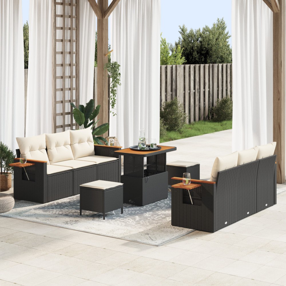 vidaXL 9 Delars Trädgårdsoff Set med Kuddar Svart Poly Rattan Akacia, vidaXL 3 Delars Trädgårdsmatmöbel Set med Kuddar Svart Po...