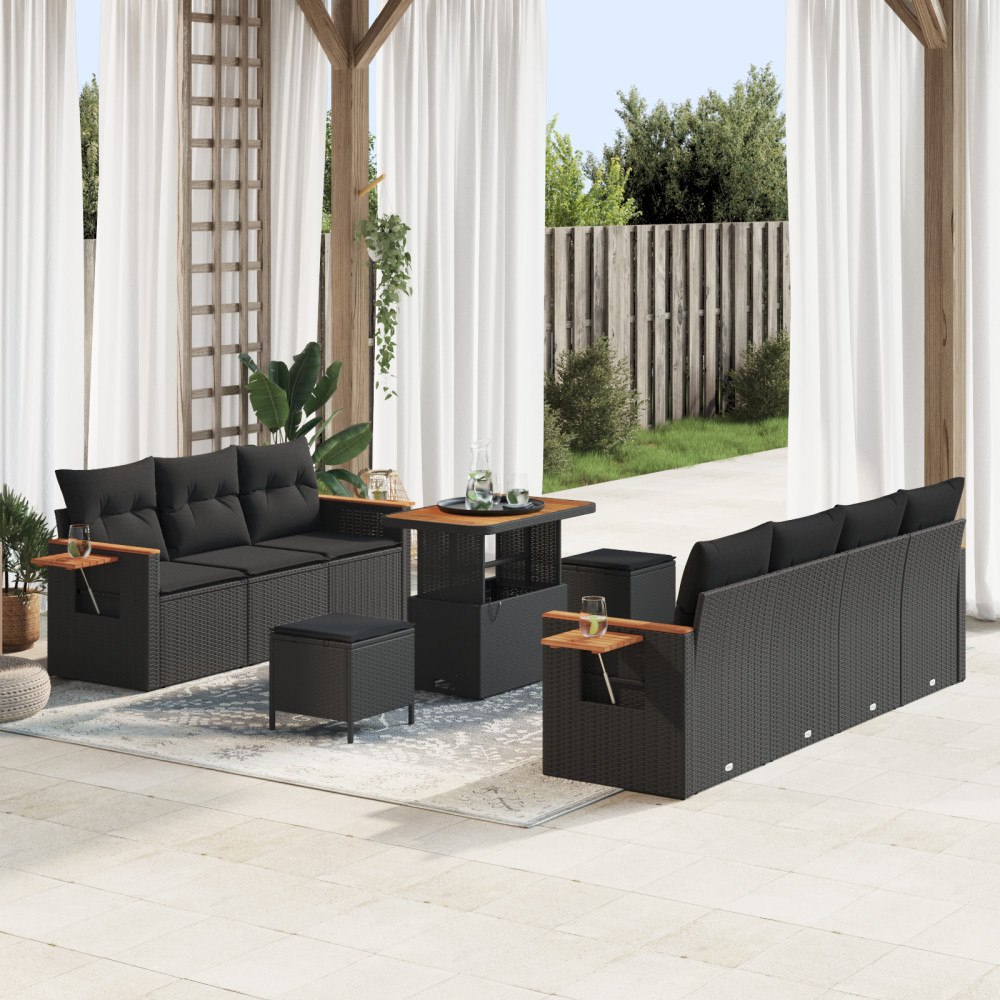 vidaXL 10-delad trädgårdsofa set med kuddar svart poly rattan akacia
