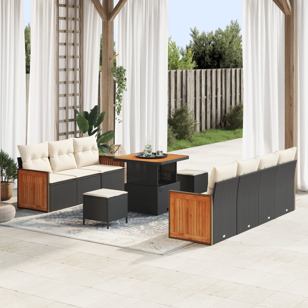 vidaXL 10-delars trädgårdsoffaset med kuddar svart poly rattan akacia, vidaXL 2-sits trädgårdsoffa med kuddar svart poly rattan...