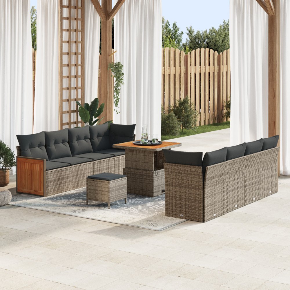 vidaXL 11-delat Trädgårdssoffset med kuddar Grå Poly Rattan Akacia, vidaXL 2-sätars Trädgårdssoffa med kuddar Grå Poly Rattan,...