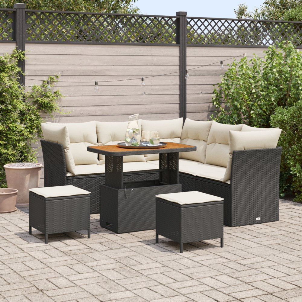vidaXL 8-delat trädgårdsoffaset med kuddar svart poly rattan akacia, vidaXL 3-delat trädgårdsdining-set med kuddar svart poly r...