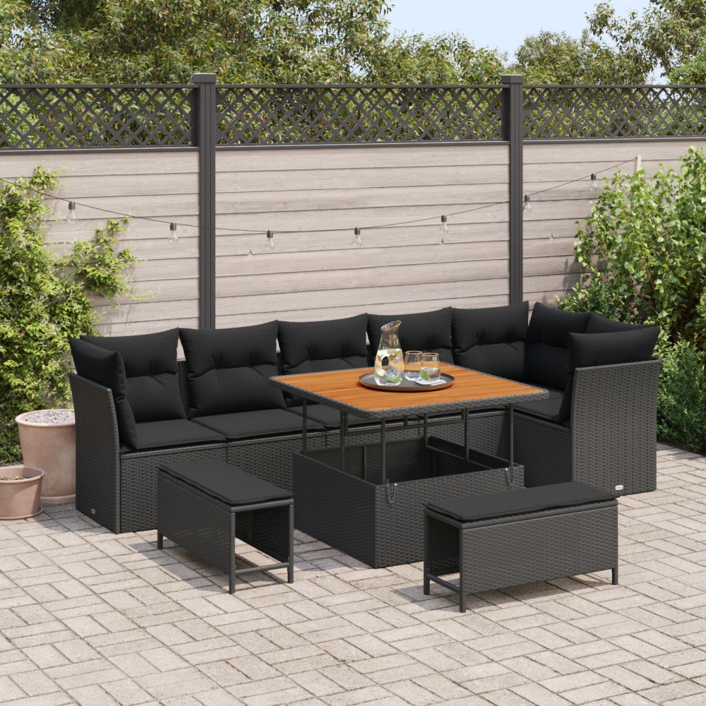 vidaXL Trädgårdsoffset med kudde 9 pcs Svart 100 x 100 x 71 cm