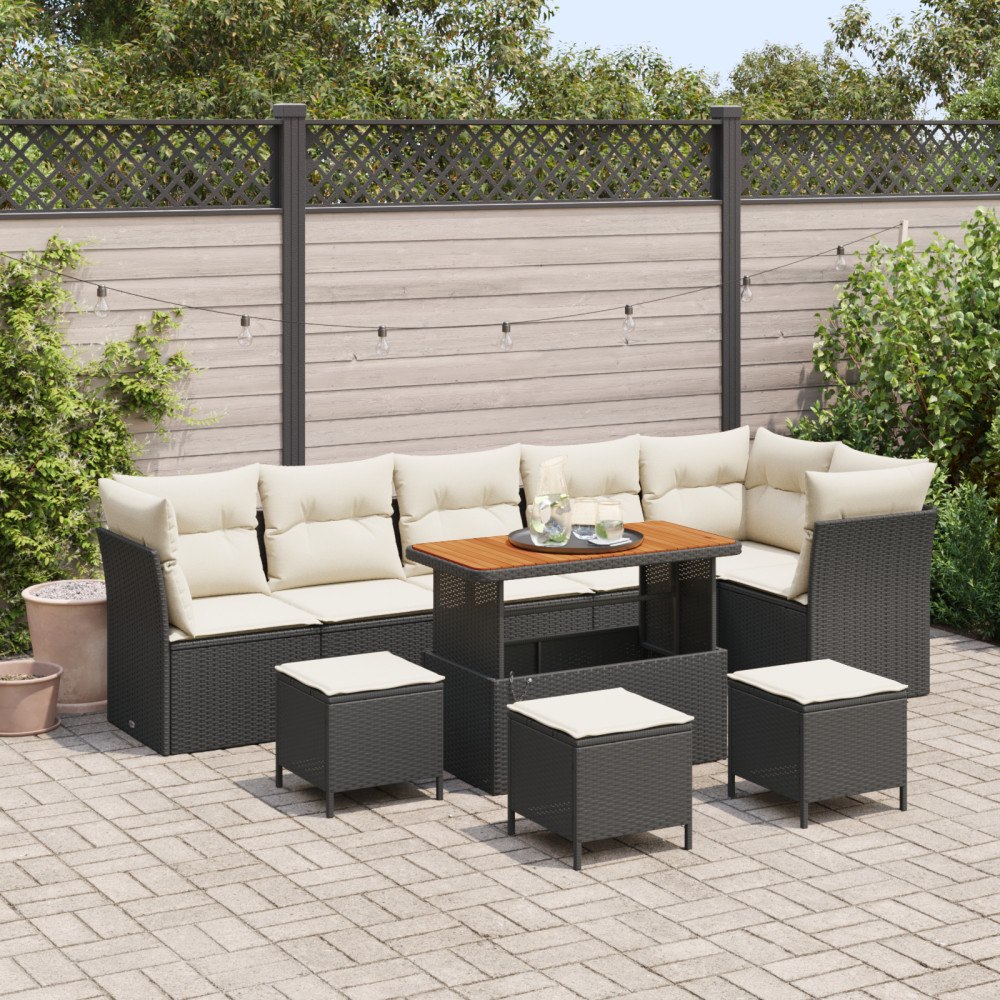 vidaXL 10-delad trädgårdsoffagrupp med kuddar svart poly rattan akacia, vidaXL 4-delad trädgårdsdininggrupp med kuddar svart po...