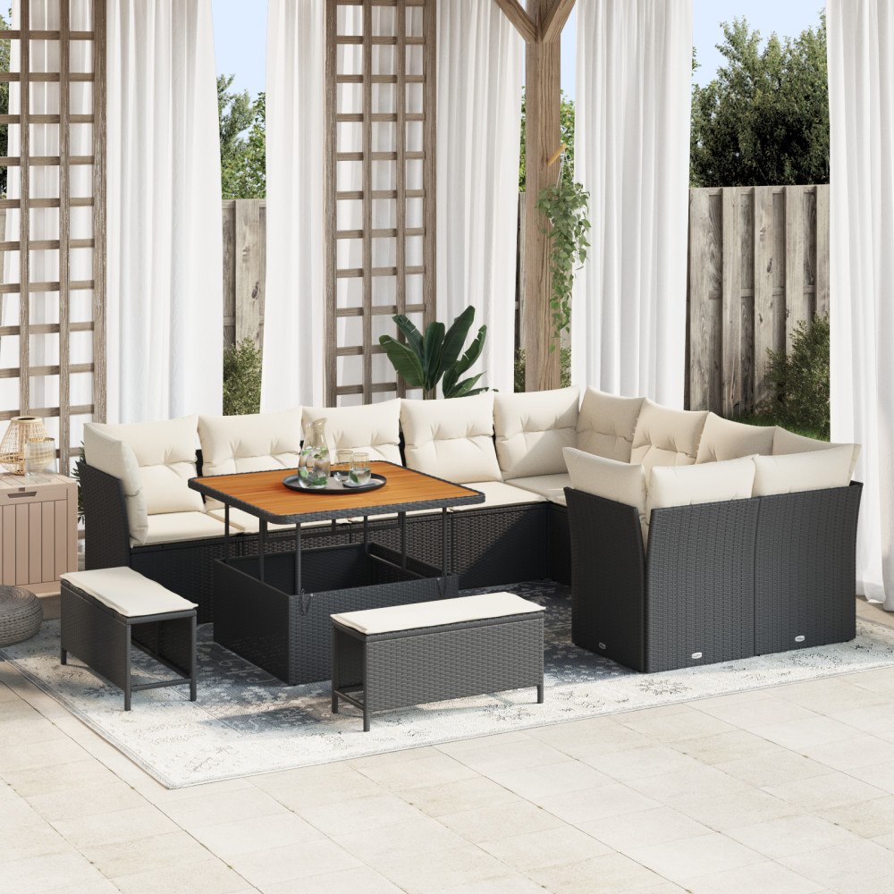 vidaXL 12 delad trädgårdsoffasett med kuddar svart poly rattan akaciaträ, vidaXL 3 delad trädgårdsdining-set med kuddar svart p...