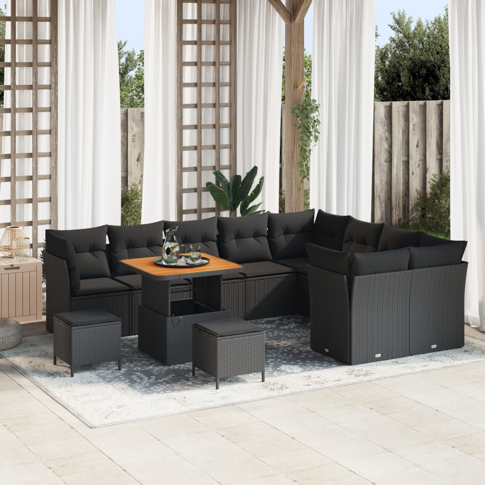 vidaXL Trädgårdsoffset med kudde 12 pcs Svart 80 x 80 x 71 cm