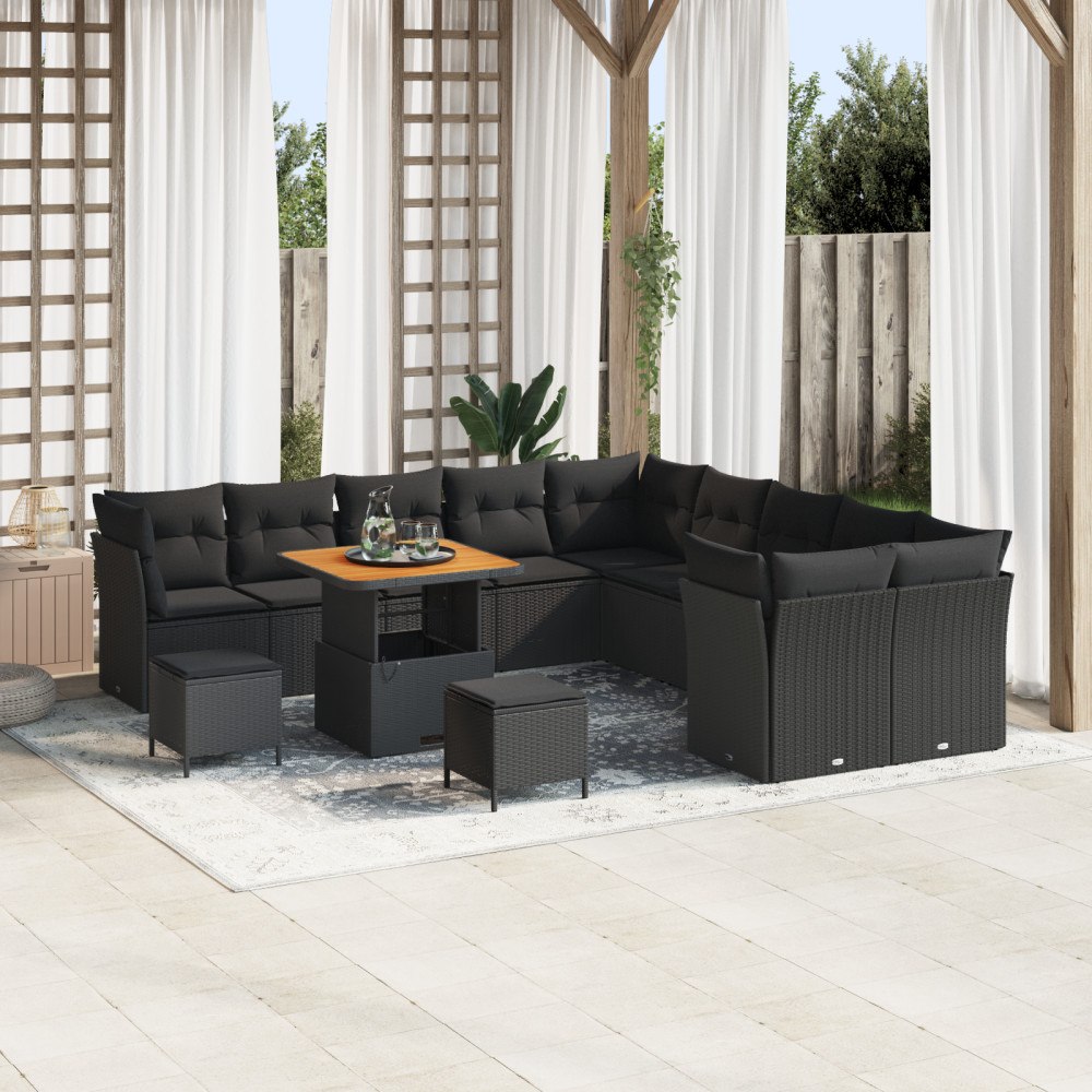 vidaXL Trädgårdsoffset med kudde 13 pcs Svart 80 x 80 x 71 cm