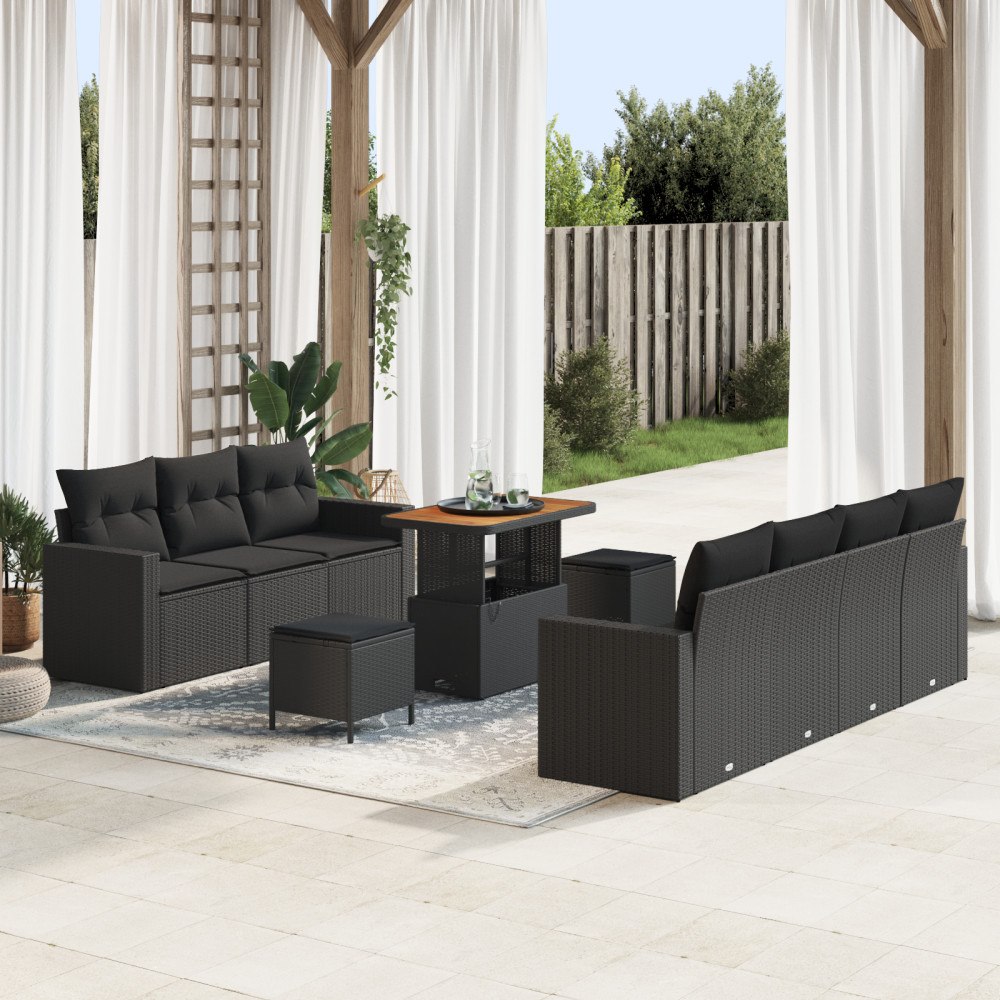 vidaXL Trädgårdsoffset med kudde 10 pcs Svart 90 x 55 x 71 cm