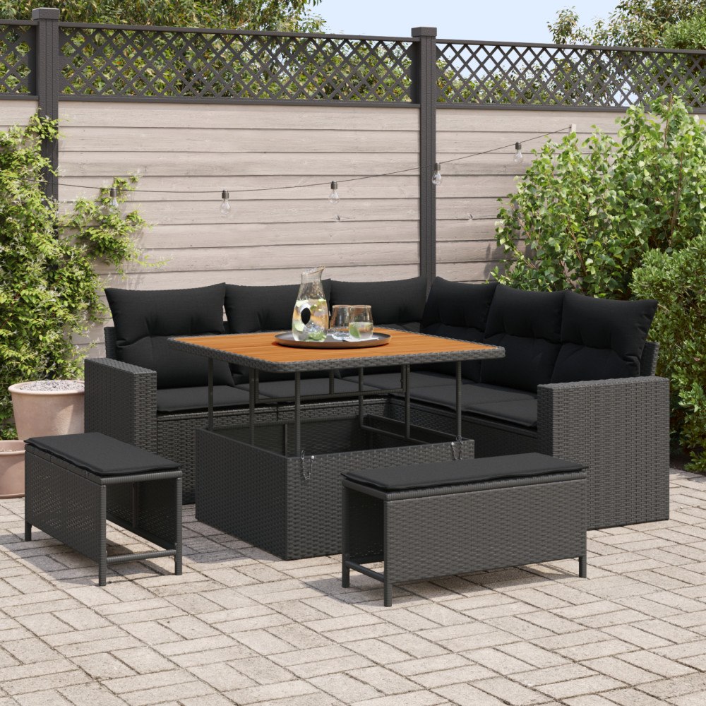 vidaXL Trädgårdsoffset med kudde 8 pcs Svart 100 x 100 x 71 cm