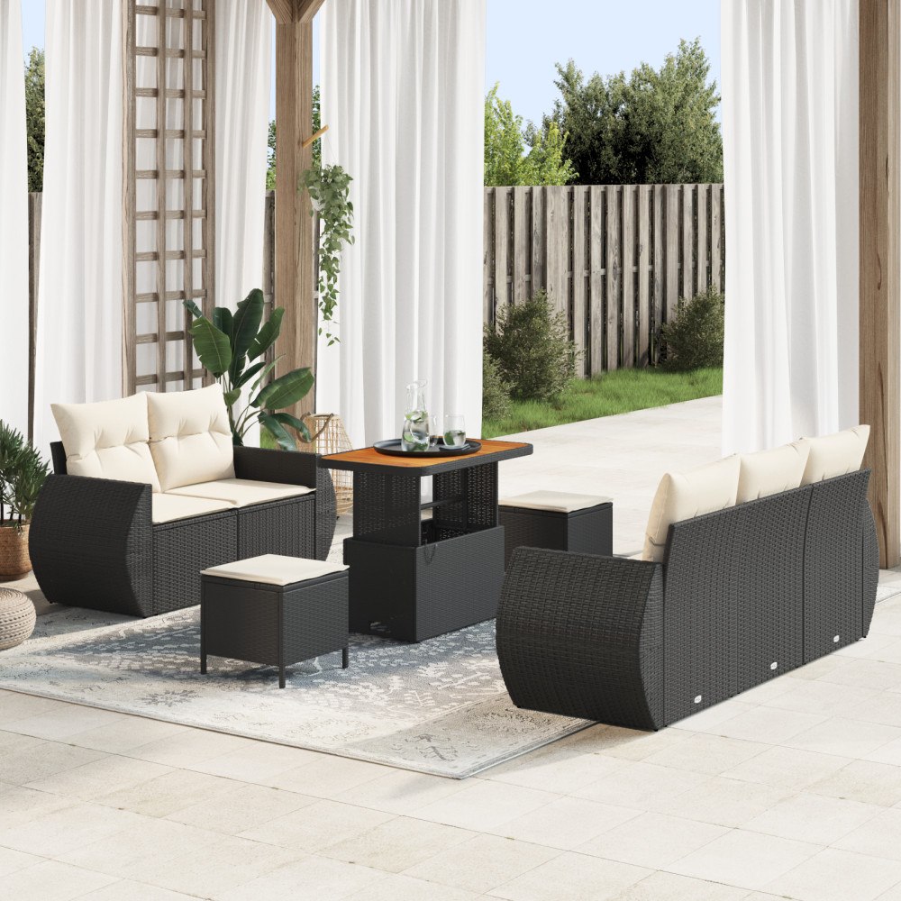 vidaXL Trädgårdsoffset 8 pcs Svart och gräddvit 90 x 55 x 71 cm