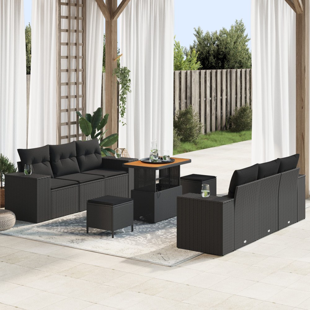 vidaXL Trädgårdsoffset med kudde 9 pcs Svart 90 x 55 x 71 cm