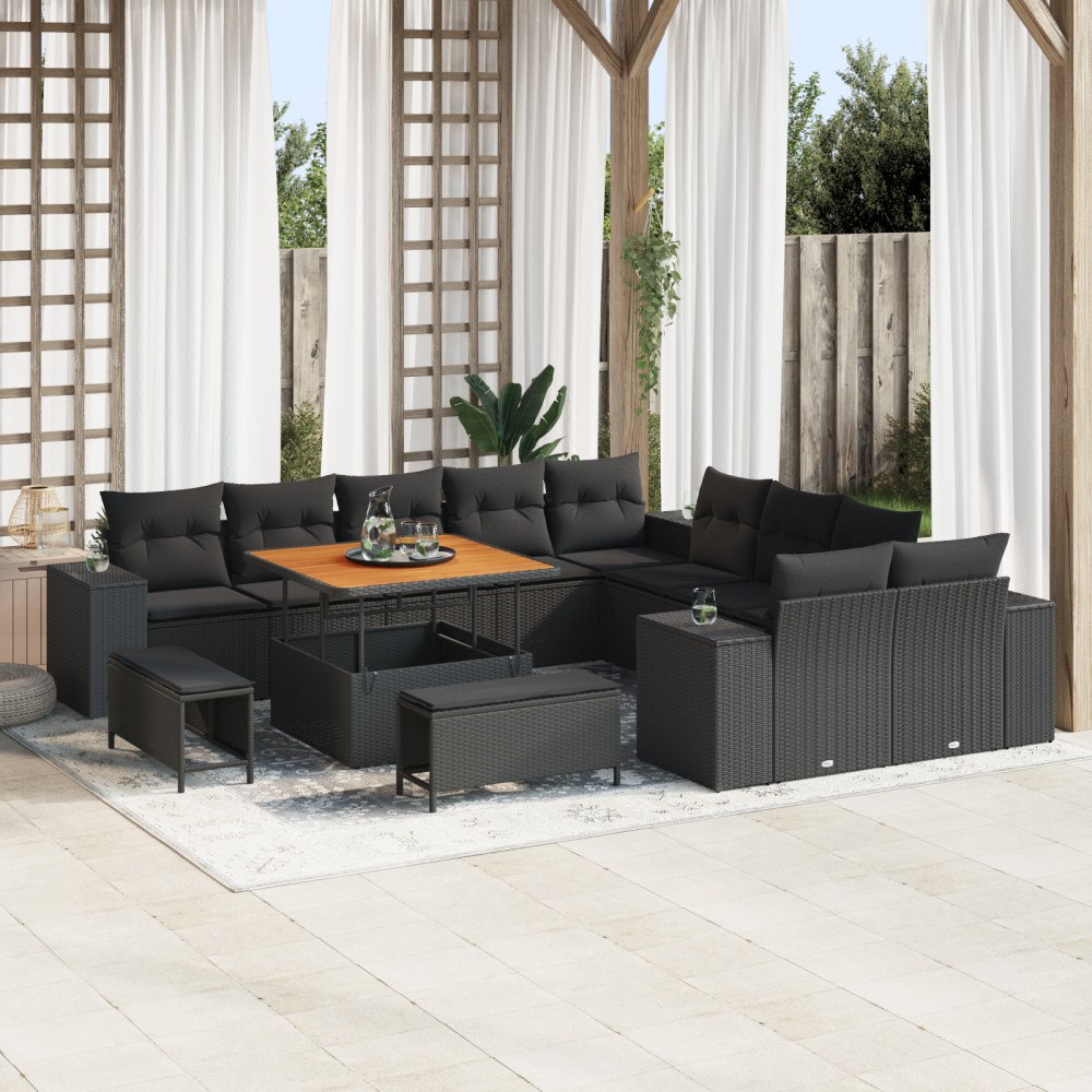 vidaXL Trädgårdsoffset med kudde 13 pcs Svart 100 x 100 x 71 cm