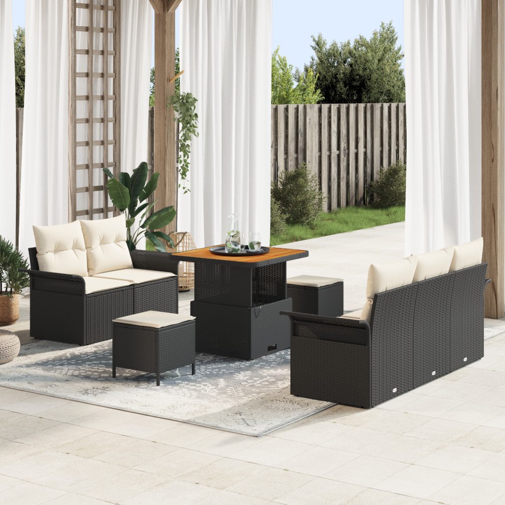 vidaXL Trädgårdsoffset med kudde 8 pcs Svart och kräm 80 x 80 x 71 cm