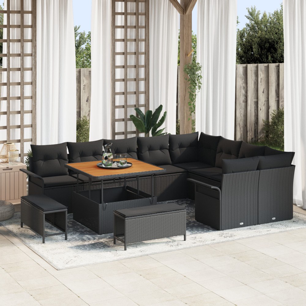 vidaXL Trädgårdsoffset med kudde 12 pcs Svart 100 x 100 x 71 cm