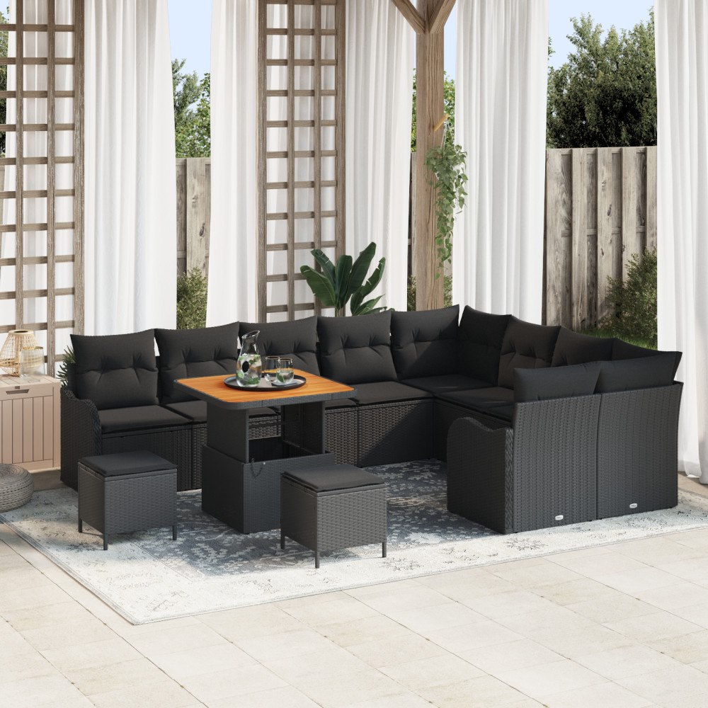 vidaXL Trädgårdsoffset med kudde 12 pcs Svart 80 x 80 x 71 cm