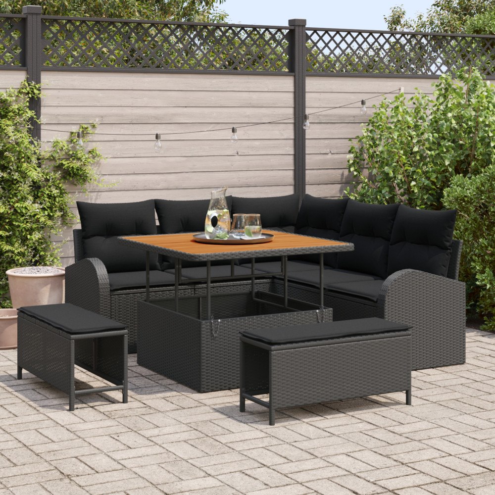 vidaXL Trädgårdsoffset med kudde 8 pcs Svart 100 x 100 x 71 cm