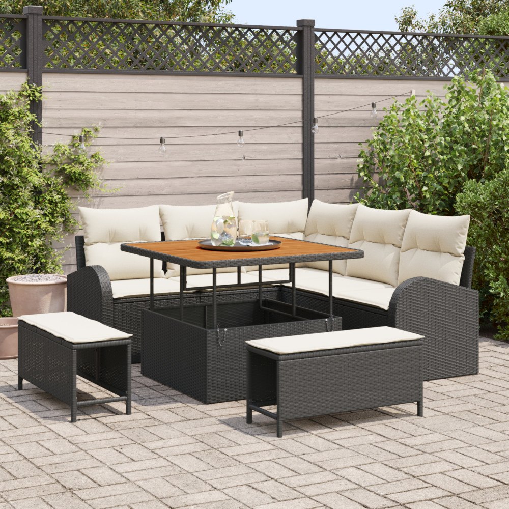 vidaXL Trädgårdsoffset med kudde 8 pcs Svart, Grädde 100 x 100 x 71 cm