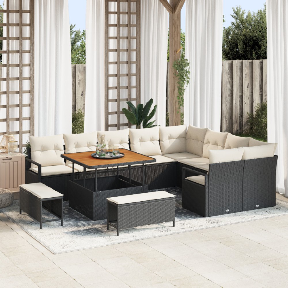 vidaXL 12 Piece Trädgårdsoffset med kuddar Svart Poly Rattan Akacia, vidaXL 2-sits trädgårdsoffa med förvaring & kuddar Svart P...