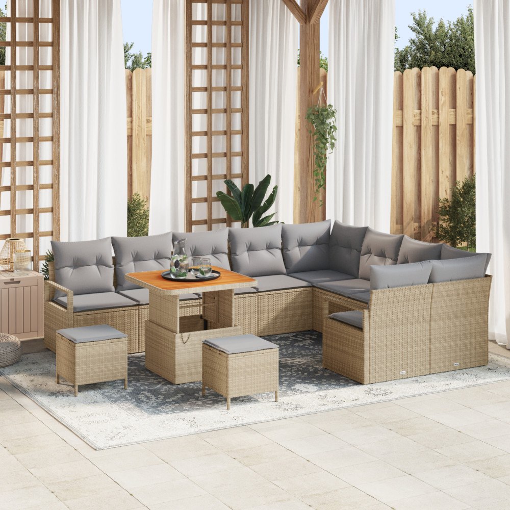 vidaXL 12-delars trädgårdsoffaset med kuddar Beige Poly Rattan Akacia, vidaXL 2-sits trädgårdsoffa med förvaring & kuddar Beige...