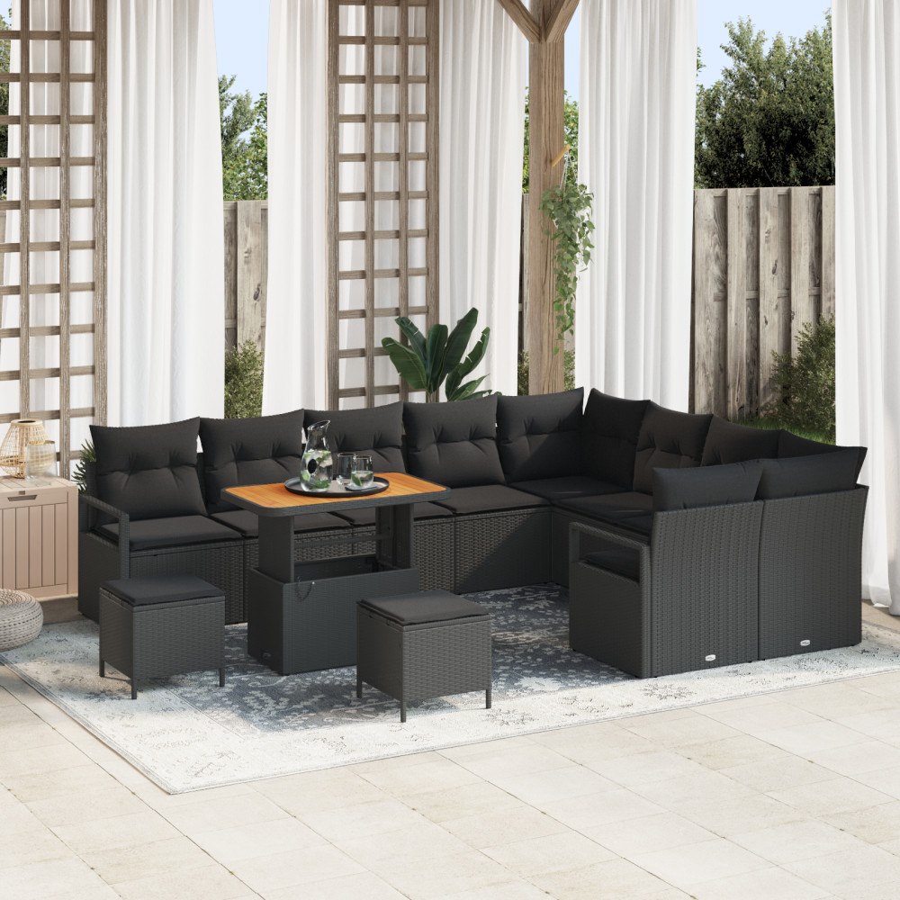 vidaXL 12-delad trädgårdsoffasett med kuddar svart poly rattan akacia, vidaXL 2-sits trädgårdsoffa med förvaring och kuddar sva...
