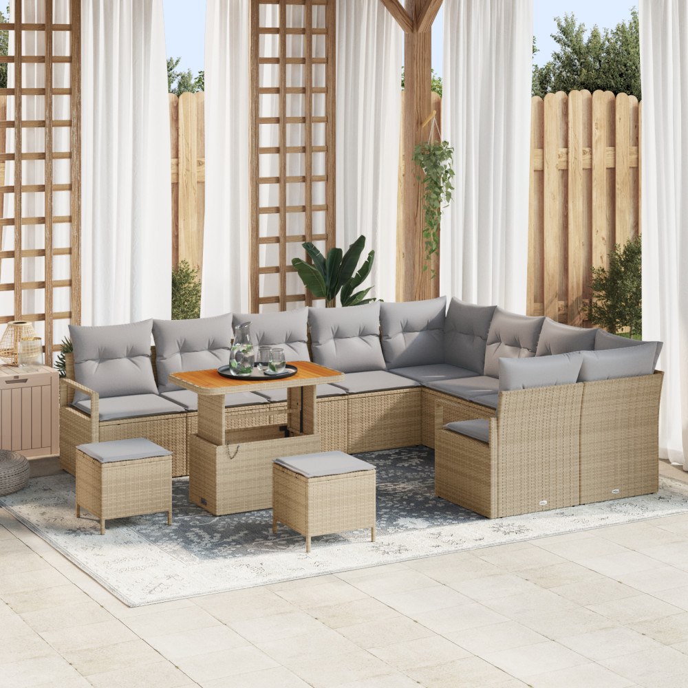 vidaXL 12-delat trädgårdsoff-set med kuddar beige poly rattan akacia, vidaXL 2-sits trädgårsoffa med förvaring & kuddar beige p...