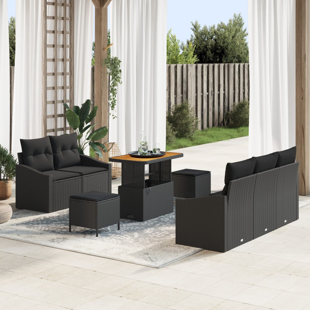 vidaXL 8-delat Trädgårdsoffset med Kuddar Svart Poly Rattan Akacia, vidaXL 2-sits Trädgårdsoffa med Förvaring & Kuddar Svart Po...
