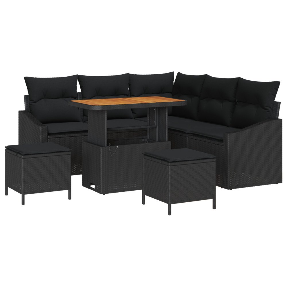 vidaXL 8-delat Trädgårdsoff-set med Kuddar Svart Poly Rattan Akacia, vidaXL 2-sits Trädgårdsoffa med Förvaring & Kuddar Svart P...