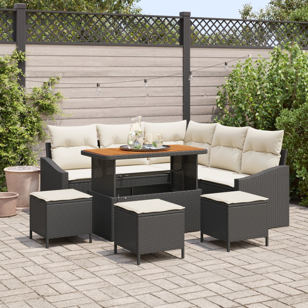 vidaXL 9-delat trädgårdsoff set med kuddar svart poly rattan akaciaträ, vidaXL 2-sits trädgårdsoffa med förvaring & kuddar svar...