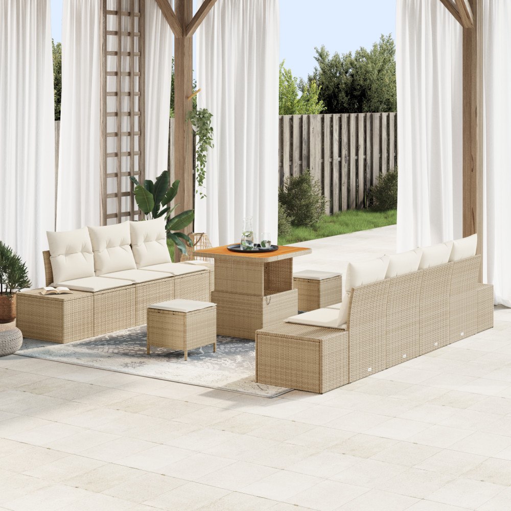 vidaXL 10-delat trädgårdsoff-set med kuddar beige poly rotting akacia, vidaXL 2-sits trädgårdsoffa med förvaring och kuddar bei...