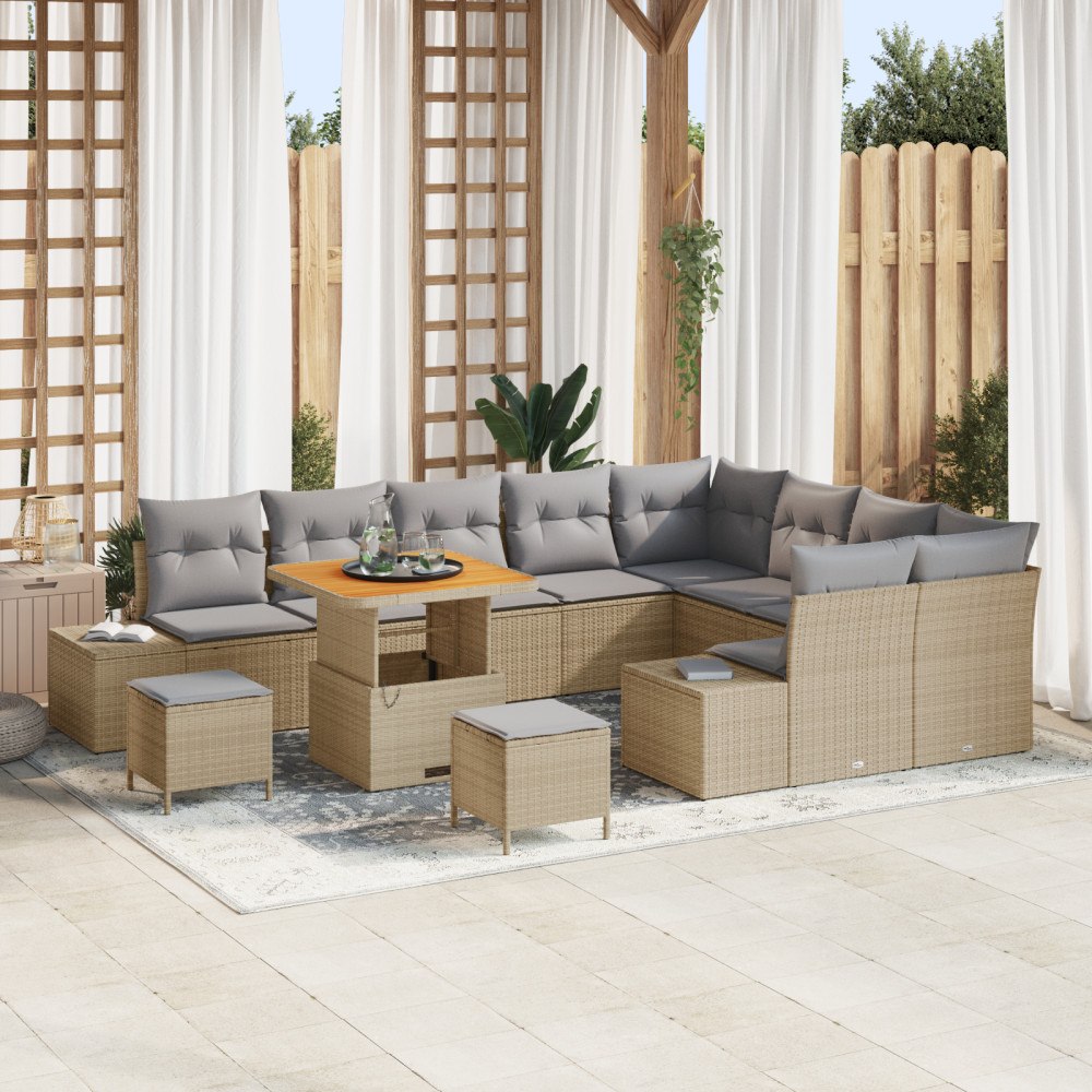 vidaXL 12-delars trädgårdsoffset med kuddar Beige polyrotting akacia, vidaXL 2-sits trädgårdsoffa med förvaring & kuddar Beige...
