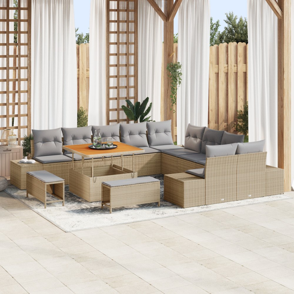 vidaXL 13-delad Trädgårdsoffset med Kuddar Beige Poly Rattan Akacia