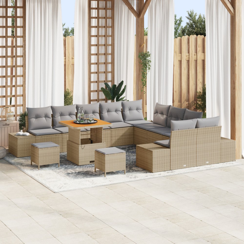 vidaXL 13-delars trädgårdsoffagrupp med kuddar Beige Poly Rattan Akacia