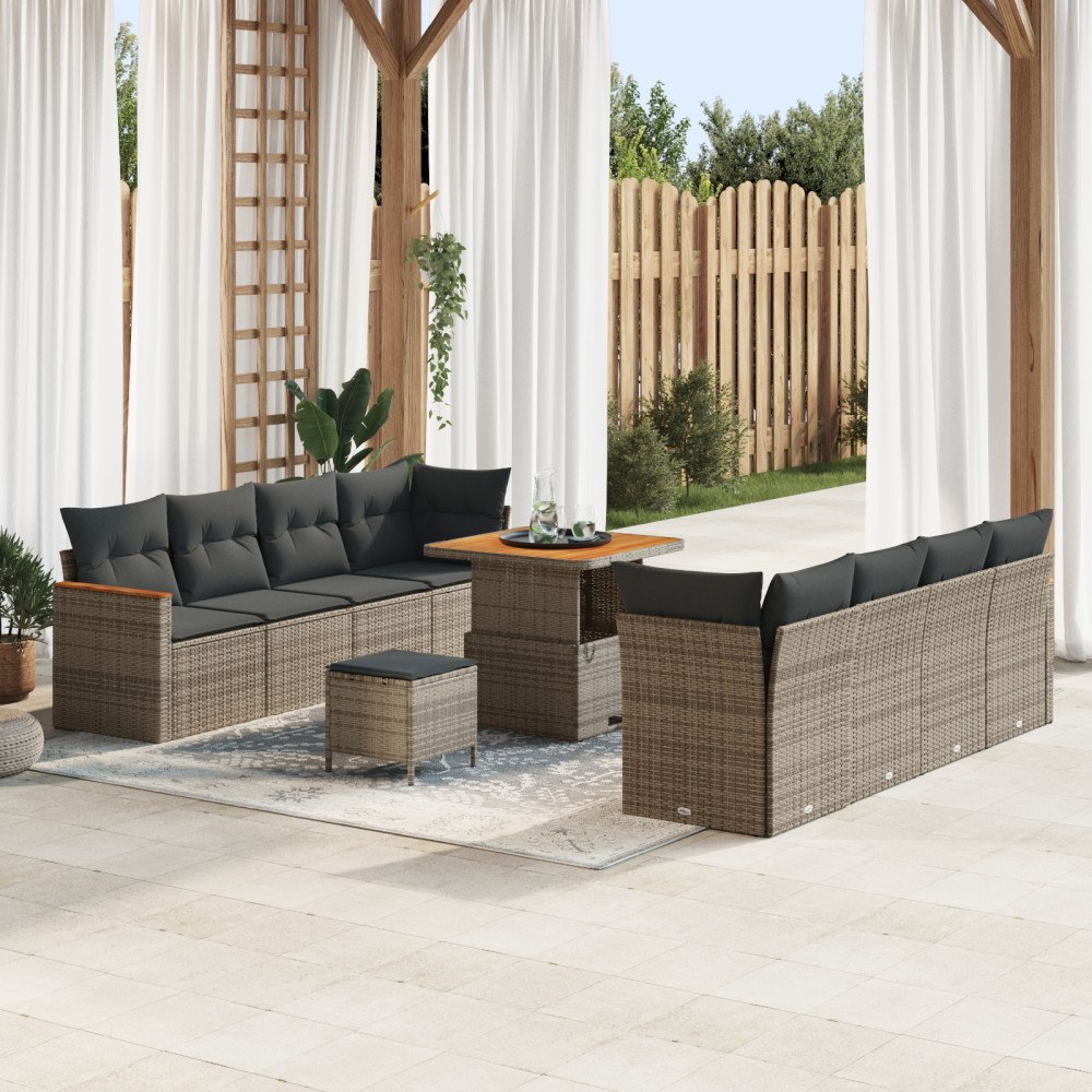 vidaXL 11-delat trädgårdsoffset med kuddar Grå Poly Rattan Akacia, vidaXL 3-delat trädgårds matbord med kuddar Grå Poly Rattan...