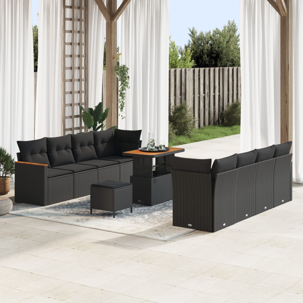 vidaXL 11-delat trädgårdsoffaset med kuddar Svart Poly Rattan Akacia, vidaXL 3-delat trädgårdsdiningset med kuddar Svart Poly R...