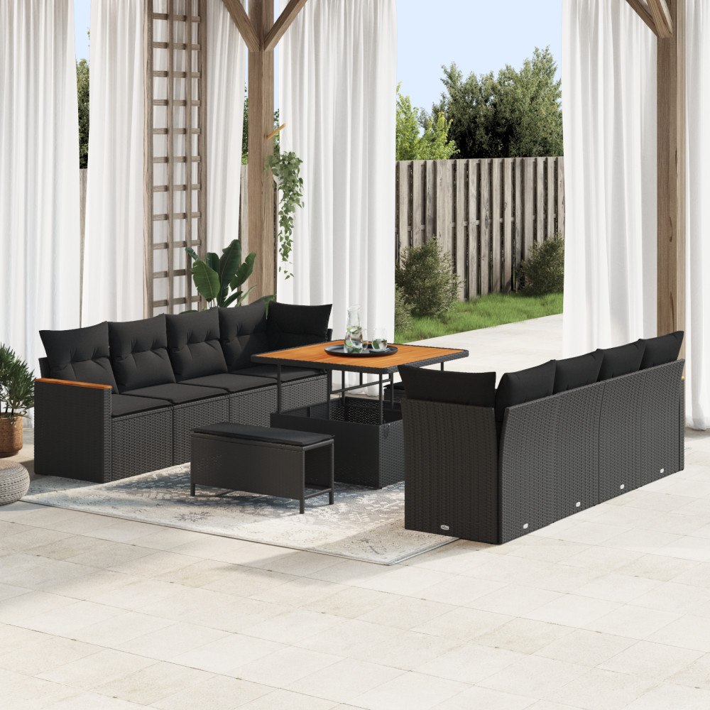 vidaXL 11-delat Trädgårdsoff set med Kuddar Svart Poly Rattan Akacia, vidaXL 3-delat Trädgårdsmöbelset med Kuddar Svart Poly Ra...