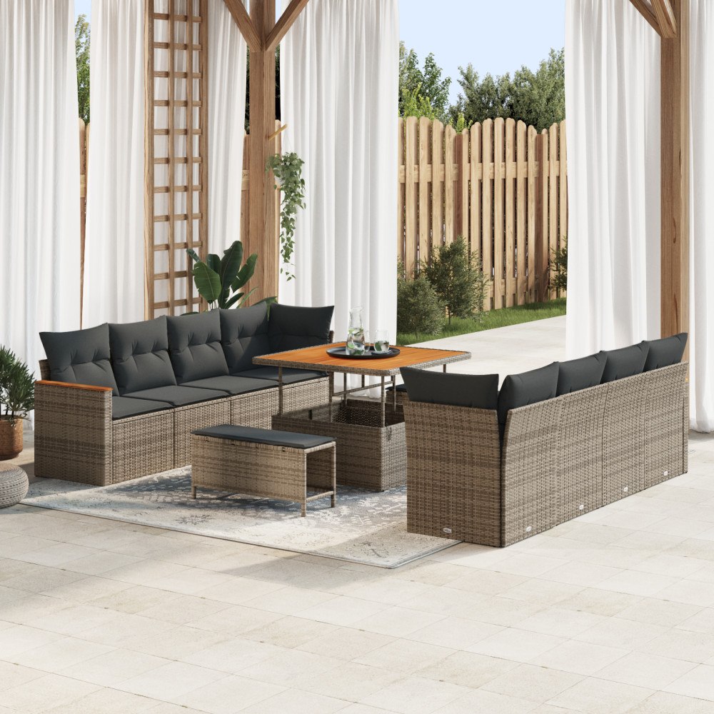 vidaXL 11-delars trädgårdsoffset med kuddar grå poly rattan akacia, vidaXL 3-delars trädgårds matset med kuddar grå poly rattan...
