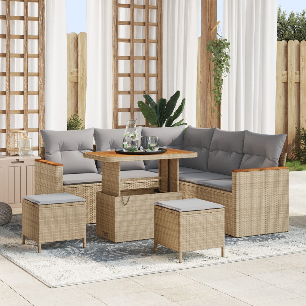 vidaXL 8-delat trädgårdsoffaset med kuddar beige poly rattan akacia, vidaXL 3-delat trädgårds matsats med kuddar beige poly rat...