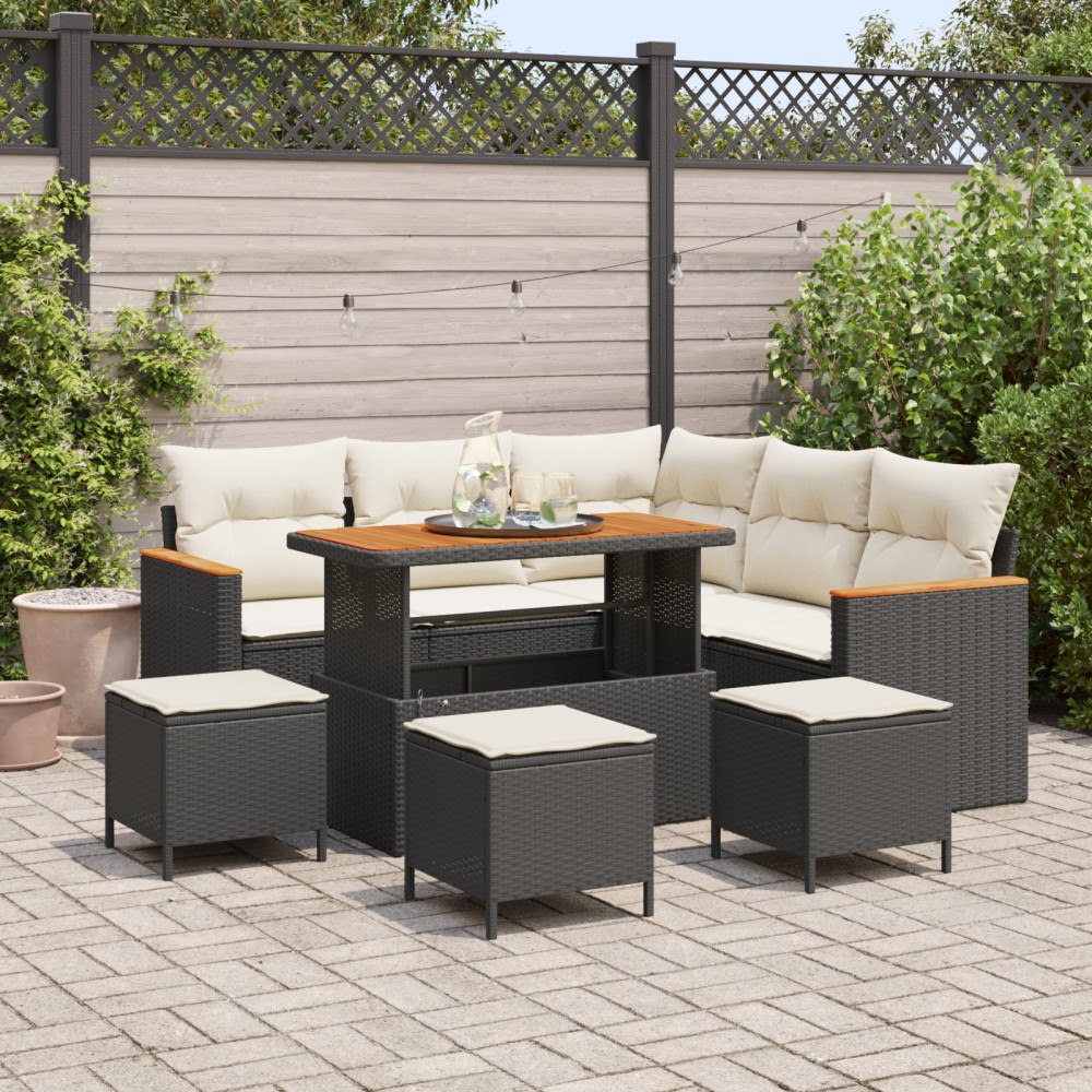vidaXL 9-delat trädgårdsoffaset med kuddar Svart Poly Rattan Akacia, vidaXL 4-delat trädgårdsdining set med kuddar Svart Poly R...