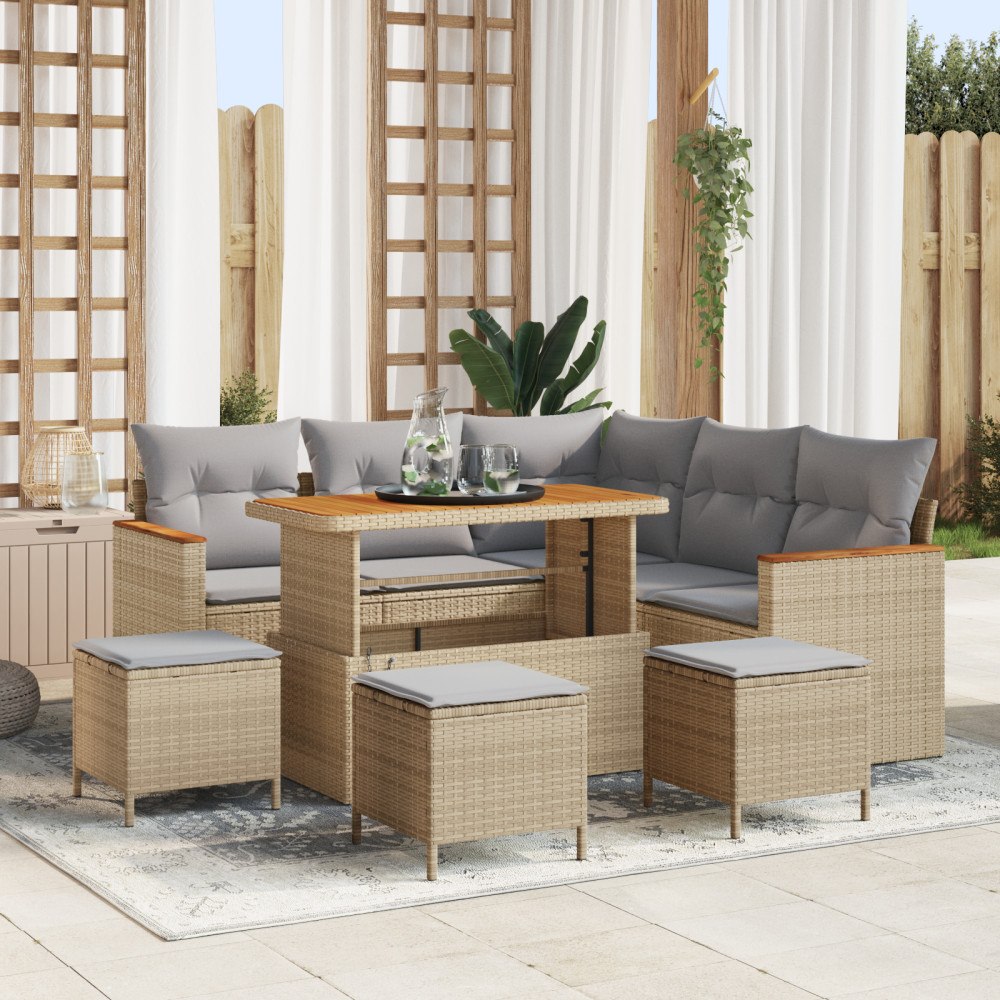 vidaXL 9-delad trädgårdsoffset med kuddar Beige Poly Rattan Akacia, vidaXL 4-delad trädgårdsdining-set med kuddar Beige Poly Ra...
