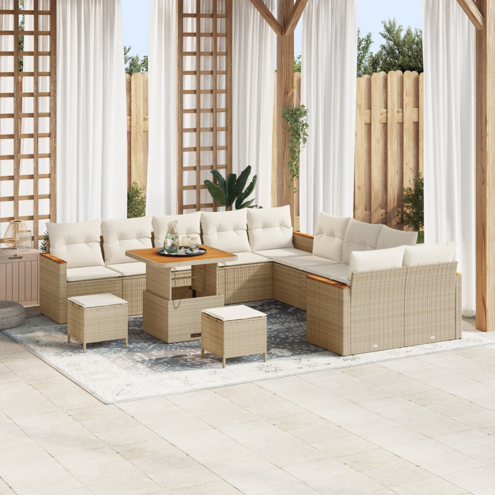 vidaXL 13-delad trädgårdssoff-set med kuddar beige poly rattan akacia, vidaXL 3-delad trädgårdsmatsals-set med kuddar beige pol...