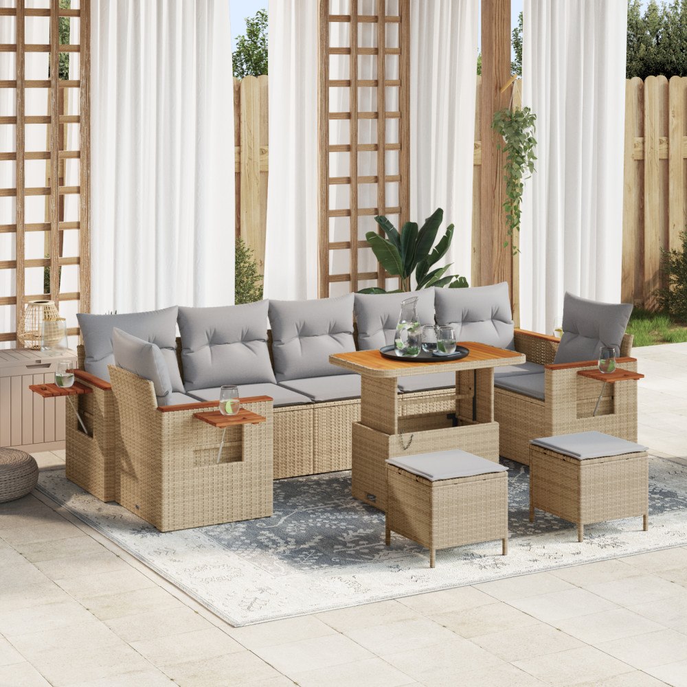 vidaXL 10-dels trädgårdsoffasett med kuddar beige polyrotting akaciaträ, vidaXL 3-dels trädgårdsmatsätt med kuddar beige polyro...