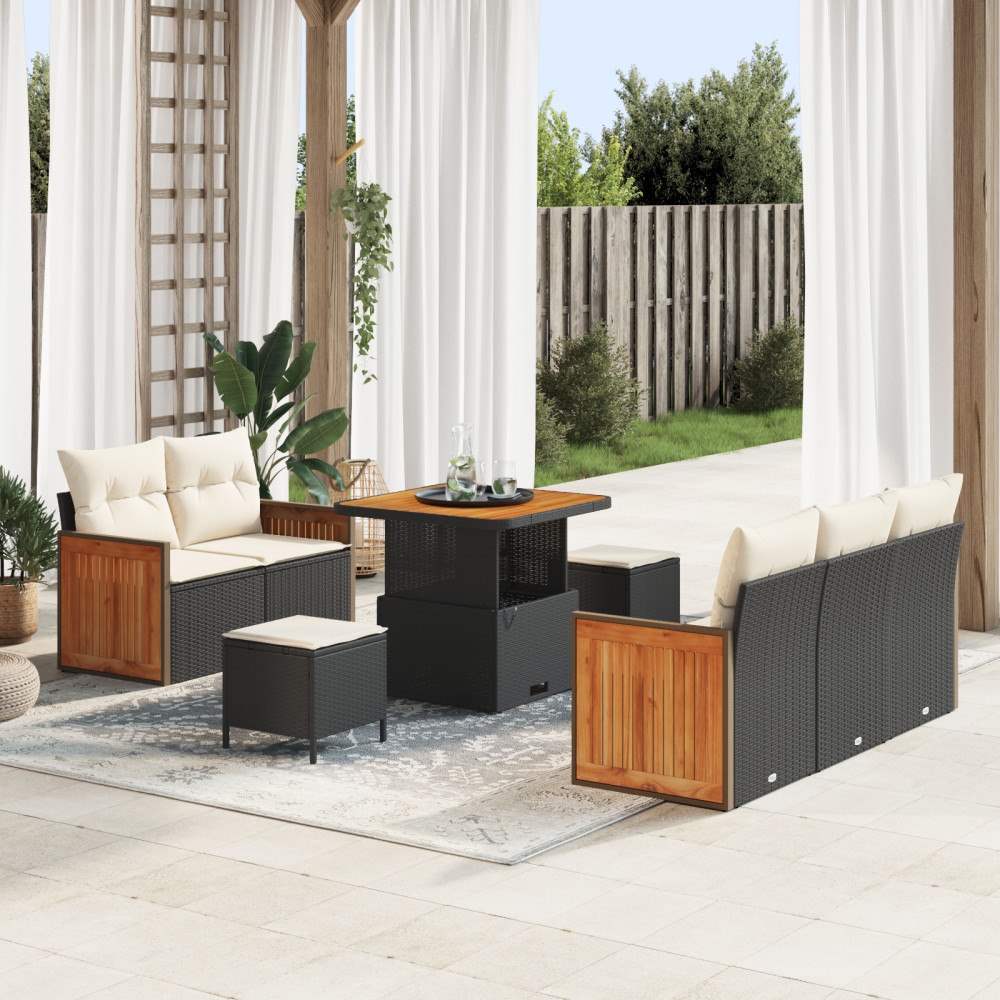 vidaXL 8 Delars trädgårdsoffaset med kuddar svart poly rattan akacia, vidaXL 3 Delars trädgårdsdining set med kuddar svart poly...