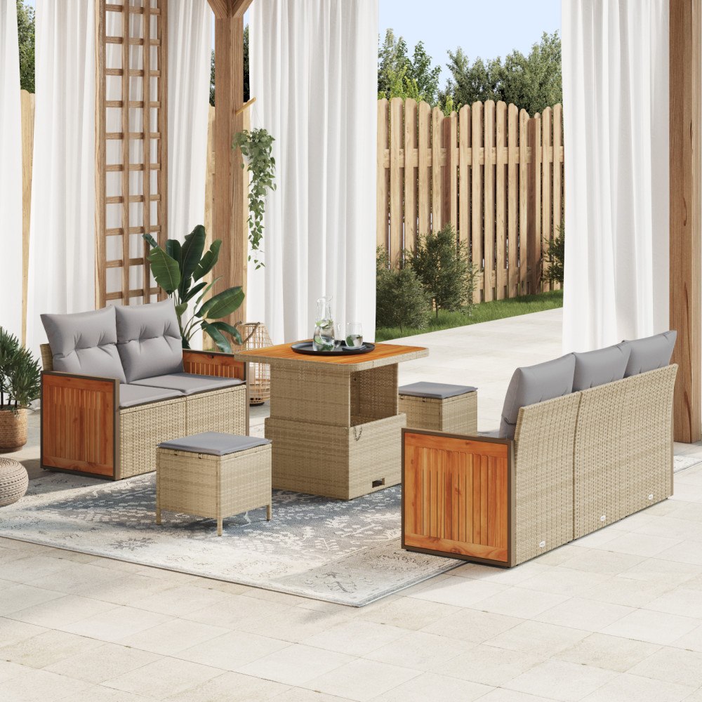 vidaXL 8 Delar Trädgårdsofa Set med Kuddar Beige Poly Rattan Akacia, vidaXL 3 Delar Trädgårds Matset med Kuddar Beige Poly Ratt...