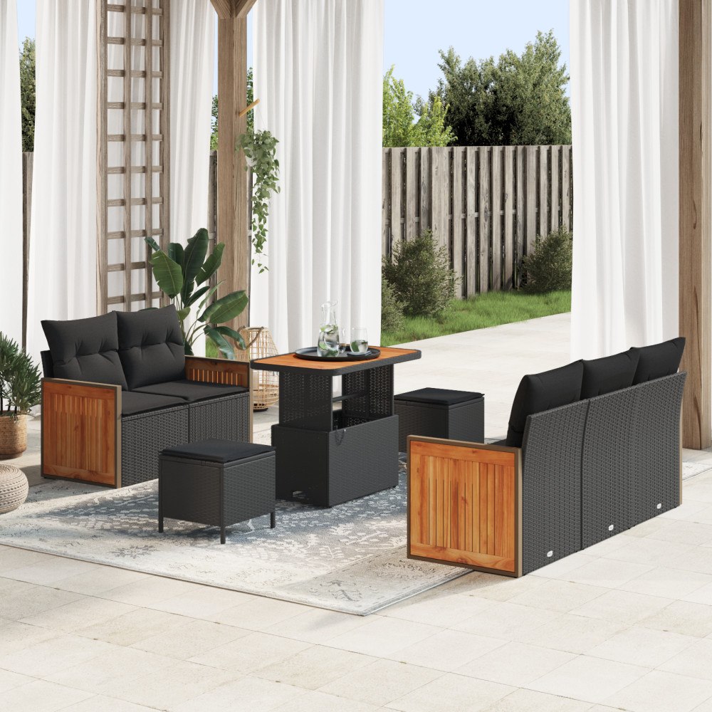 vidaXL 8-delars trädgårdsoffasett med kuddar svart polyrotting akacia, vidaXL 3-delars trädgårds-dining set med kuddar svart po...